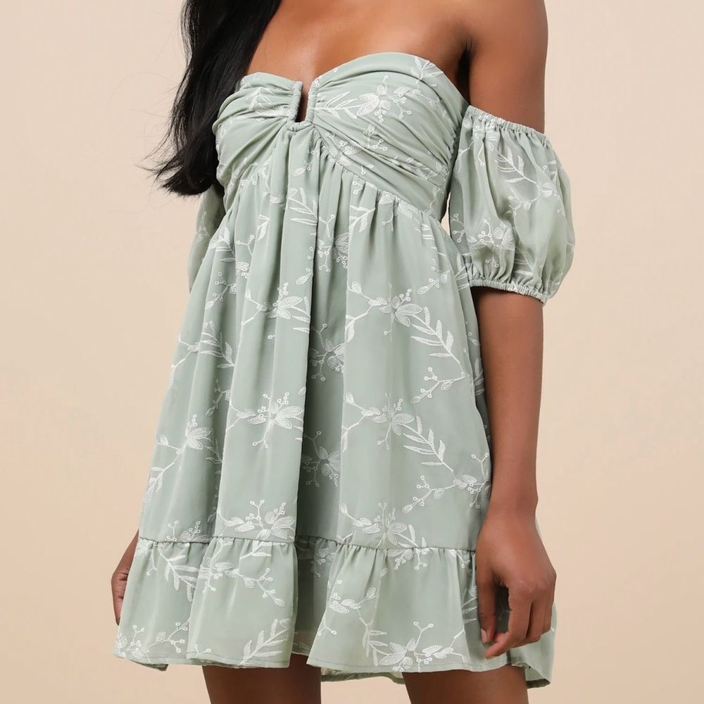 Lulus Cutest Icon Sage Green Embroidered Off-the-Shoulder Mini Dress - Picture 2 of 10